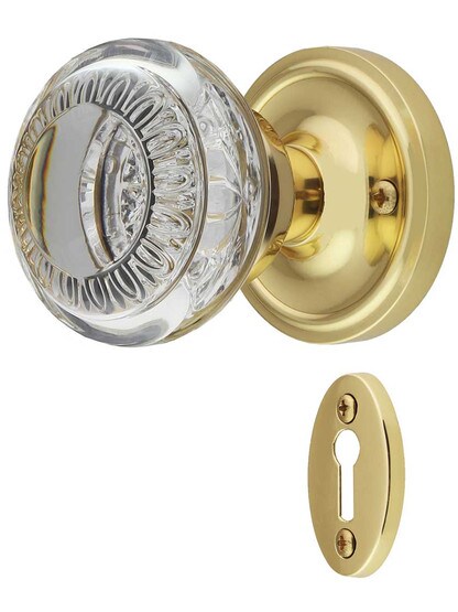 Classic Rosette Mortise-Lock Set with Ovolo Crystal-Glass Knobs and Keyhole in Polished Brass.